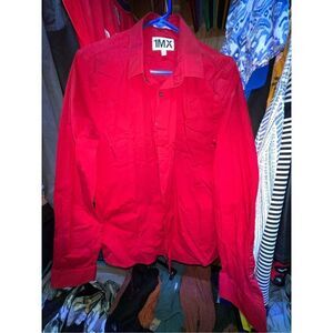 Express 1MX Mens Red Extra Slim Fit Long Sleeve Button Up Dress Shirt Size Large